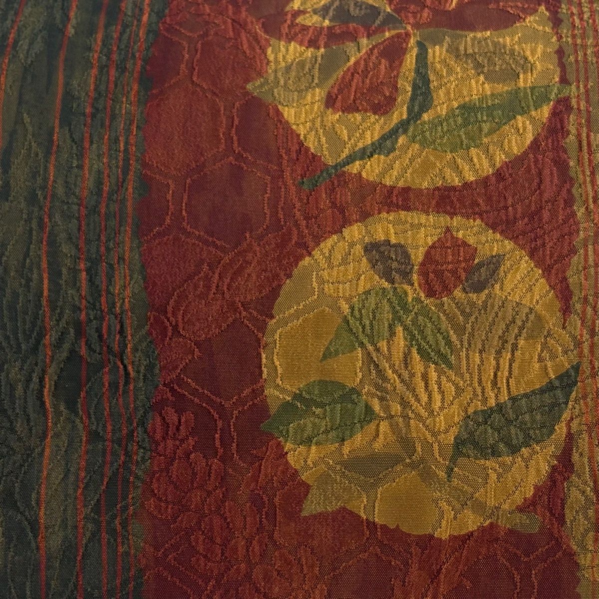 袋名古屋帯 秀品 草花 縞模様 ふくれ織 えんじ色 正絹