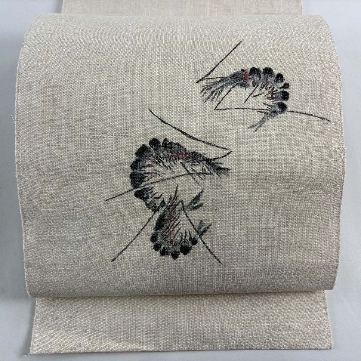 名古屋帯 秀品 落款 紬地 八寸名古屋帯 松葉仕立て えび クリーム 正絹