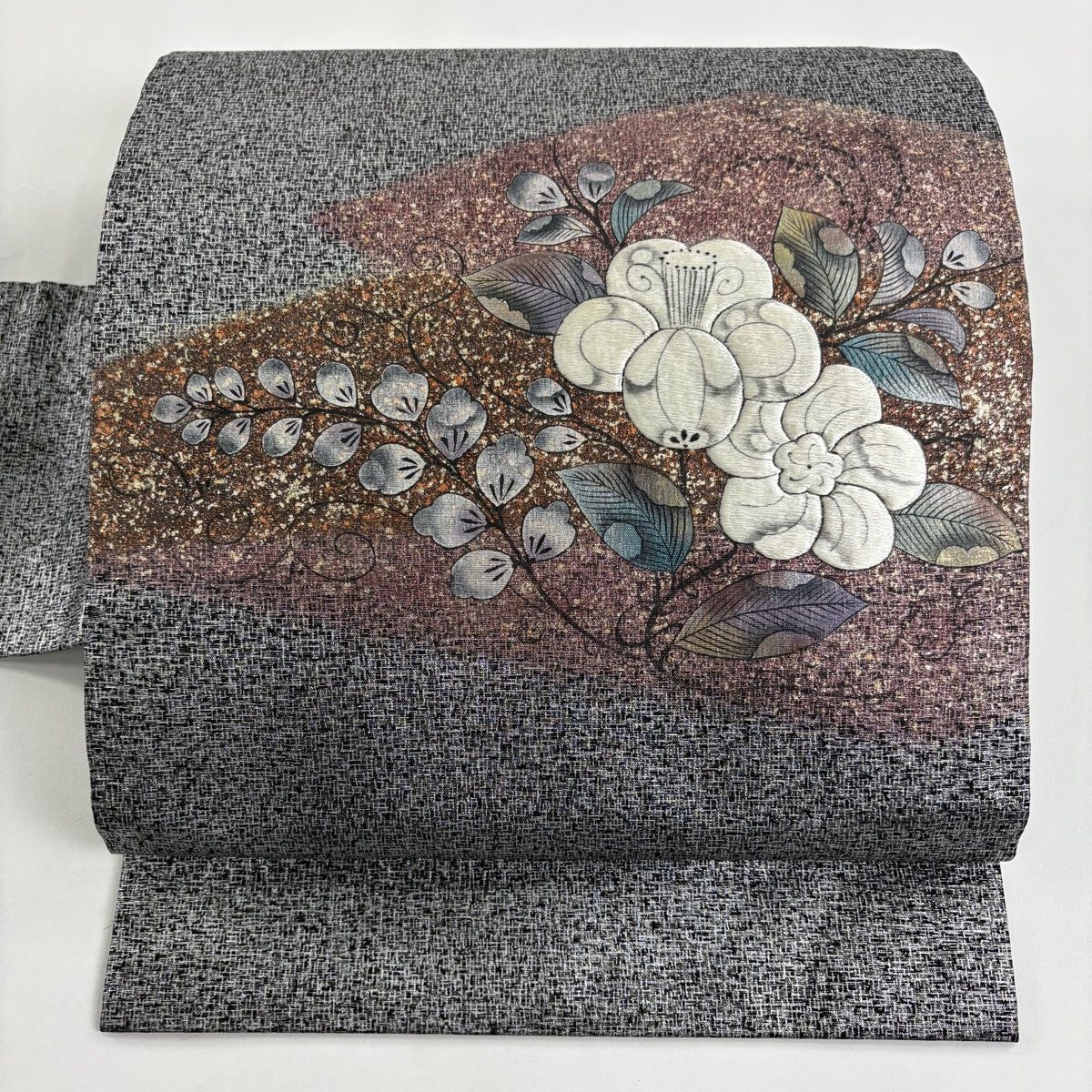 名古屋帯 秀品 草花 刺繍 銀彩 銀色 正絹