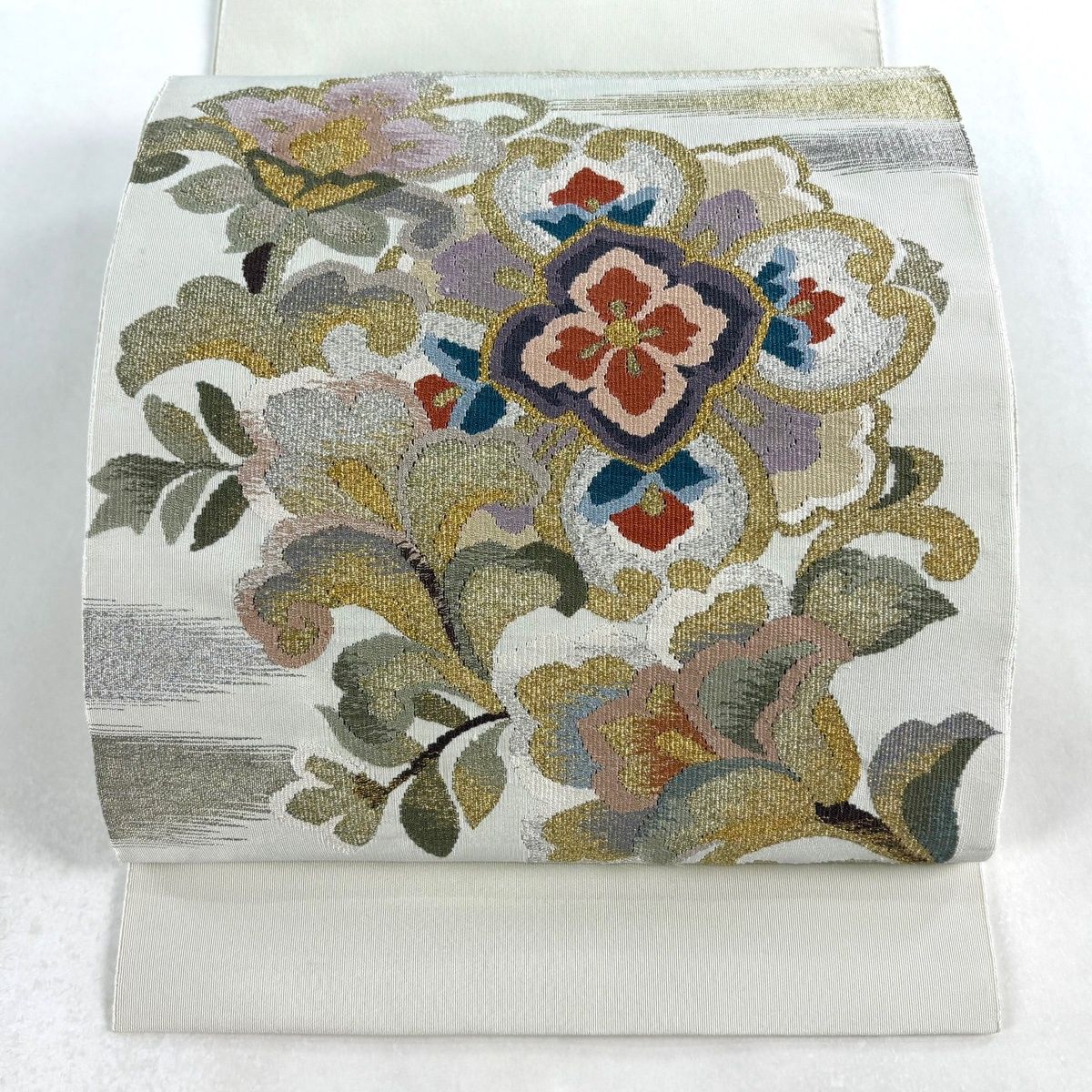 名古屋帯 秀品 八寸名古屋帯 草花 金銀糸 クリーム 正絹