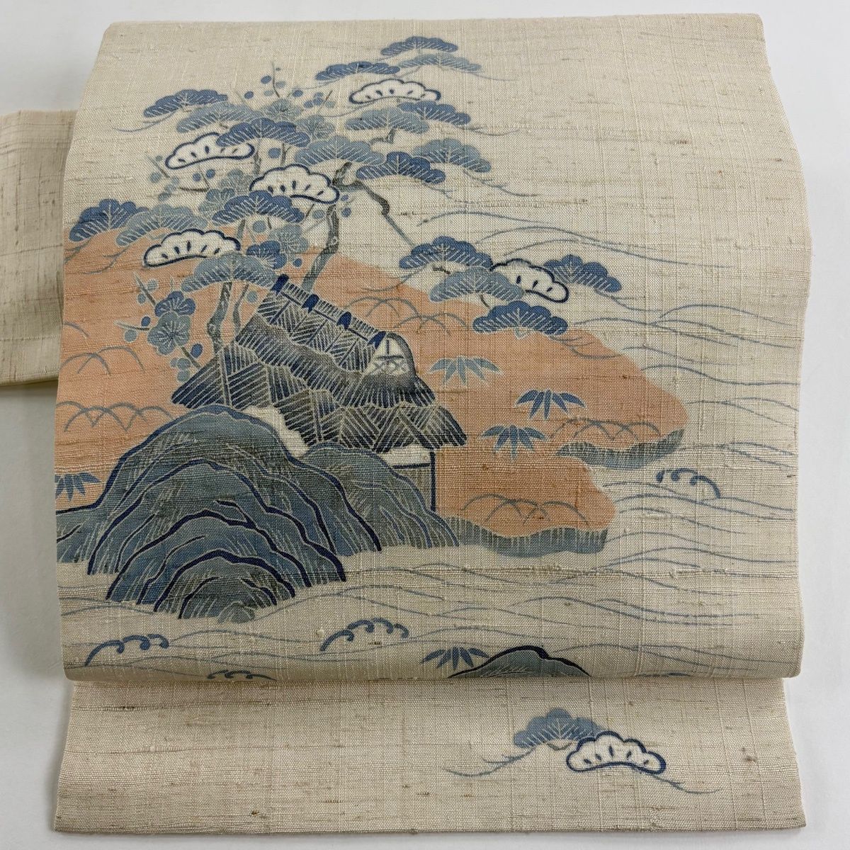 名古屋帯 秀品 紬地 松竹梅 風景 ベージュ 正絹