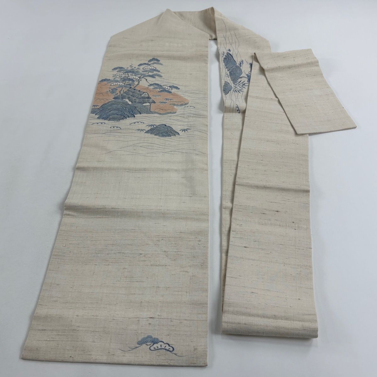  名古屋帯 秀品 紬地 松竹梅 風景 ベージュ 正絹 名古屋帯 帯