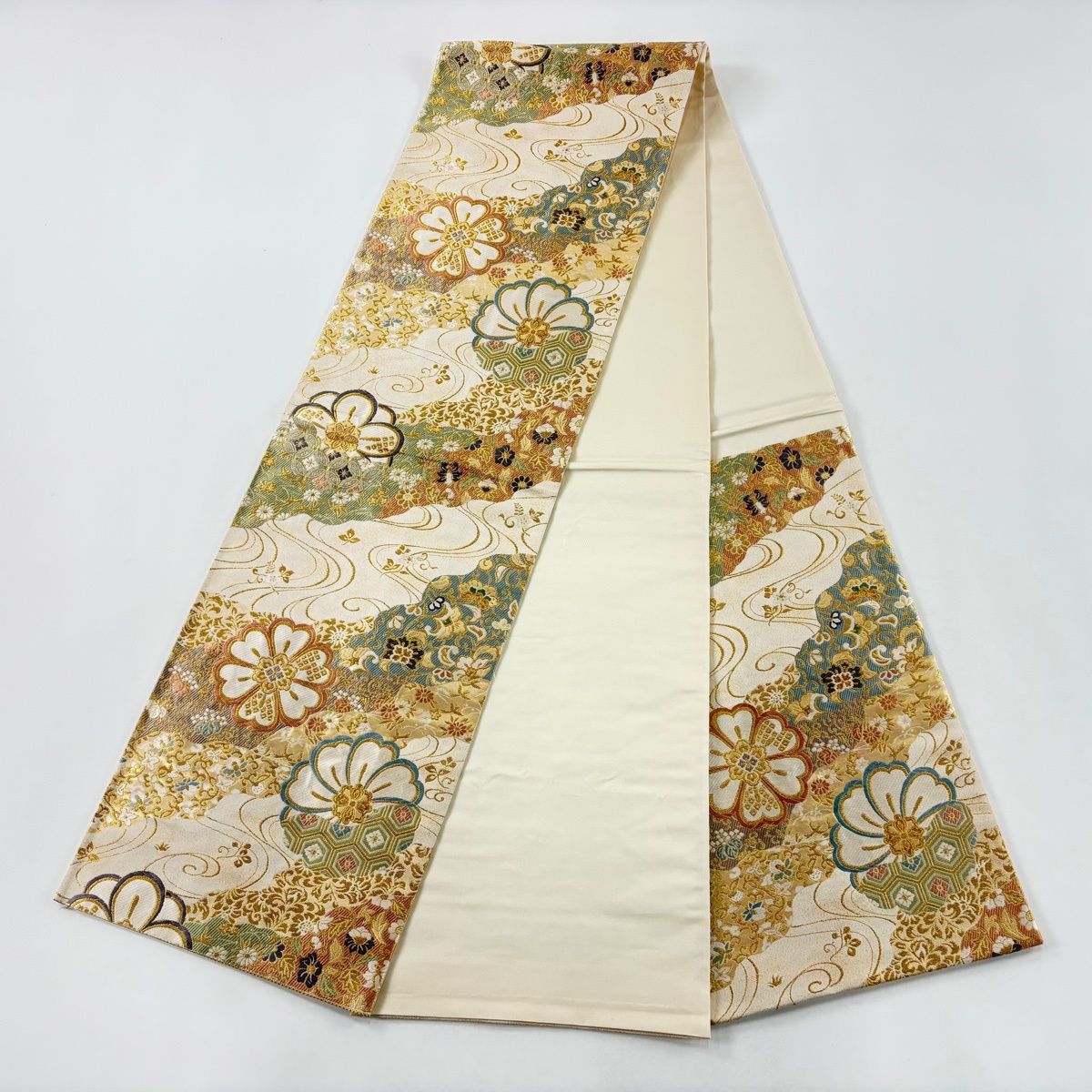 美品】 袋帯 秀品 花唐草 流水 金糸 箔 ベージュ 六通 正絹 【中古