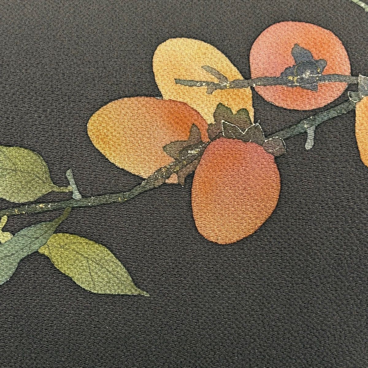 名古屋帯 秀品 柿 縮緬 金銀彩 黒灰 正絹