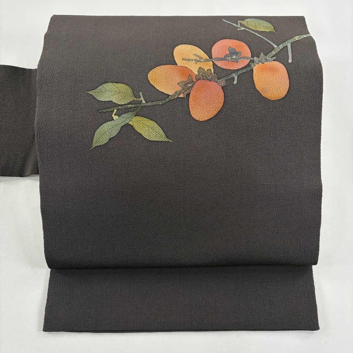 名古屋帯 秀品 柿 縮緬 金銀彩 黒灰 正絹