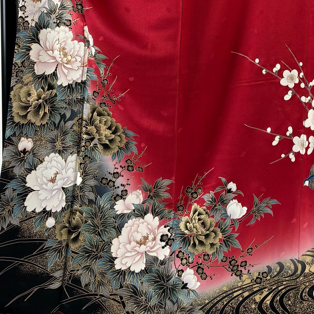 振袖 身丈163 cm 裄丈66 M 袷 牡丹 枝梅 金糸 金彩 赤 正絹 秀品