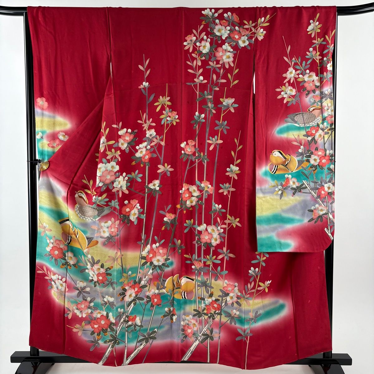 振袖 身丈159 cm 裄丈66.5 M 袷 鴛鴦 枝花 染め分け ぼかし 茜色 正絹 秀品