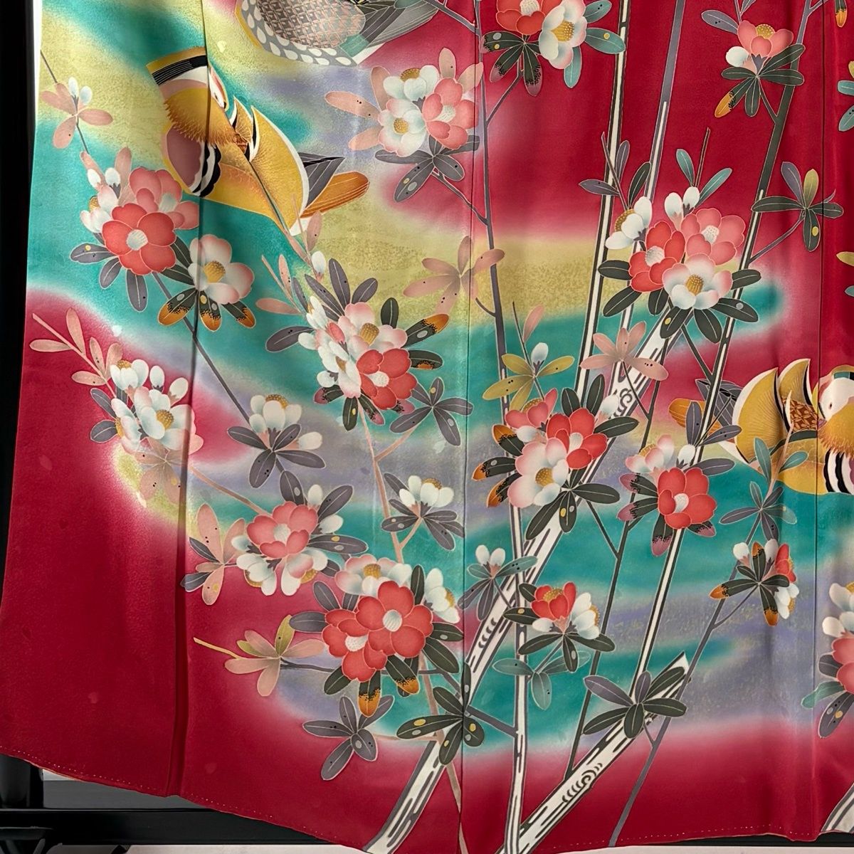 振袖 身丈159 cm 裄丈66.5 M 袷 鴛鴦 枝花 染め分け ぼかし 茜色 正絹 秀品