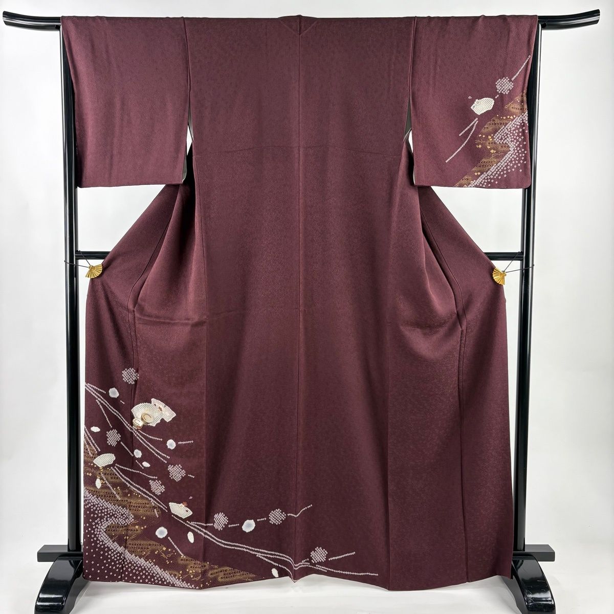 付下げ 身丈164.5cm 裄丈65.5cm M 袷 扇面 ぽっくり 絞り 刺繍 小豆色