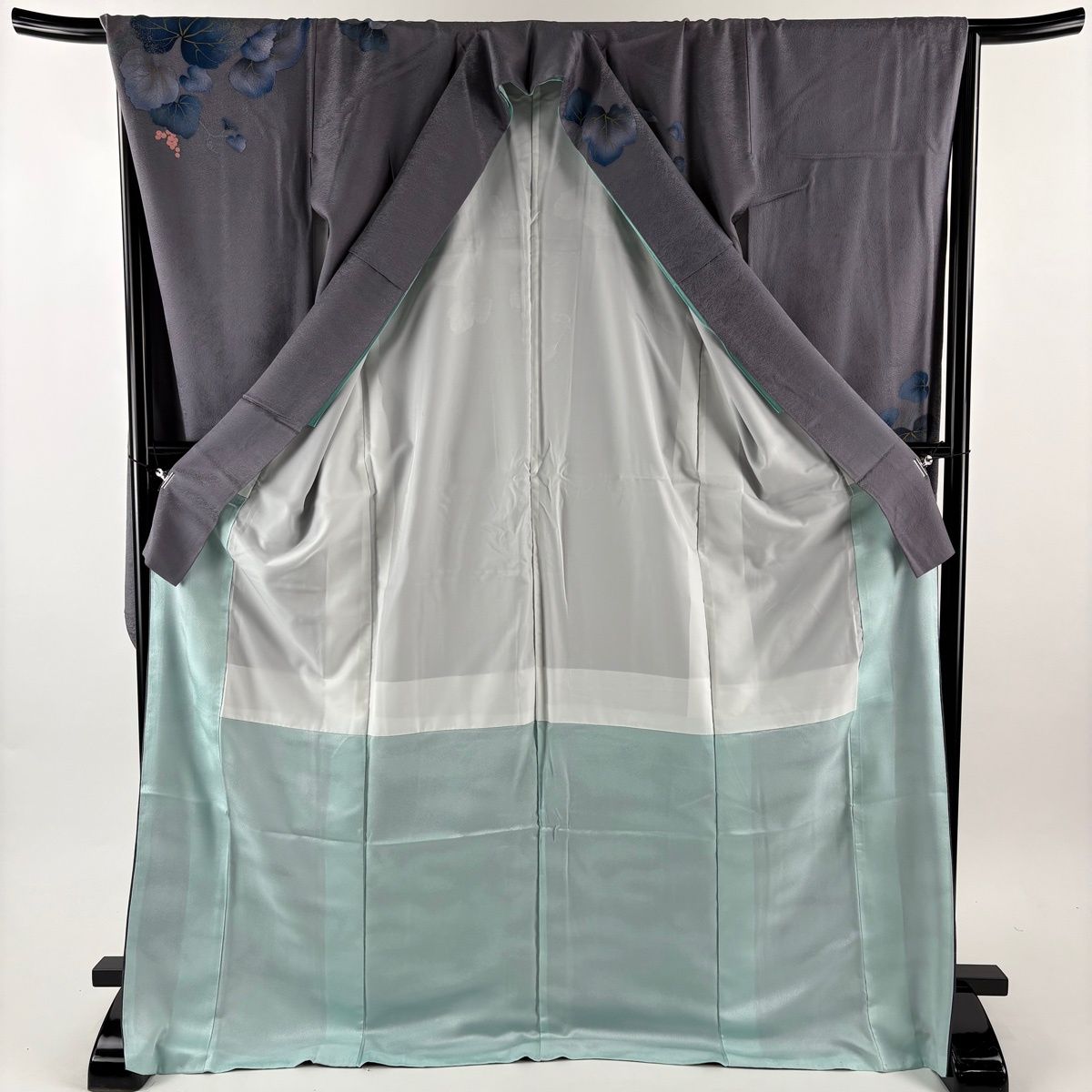  振袖 身丈174 cm 裄丈67 5 L 袷 藤紫朗 落款 鳥 葡萄 刺繍 金彩 灰紫 正絹 秀品 振袖 着物