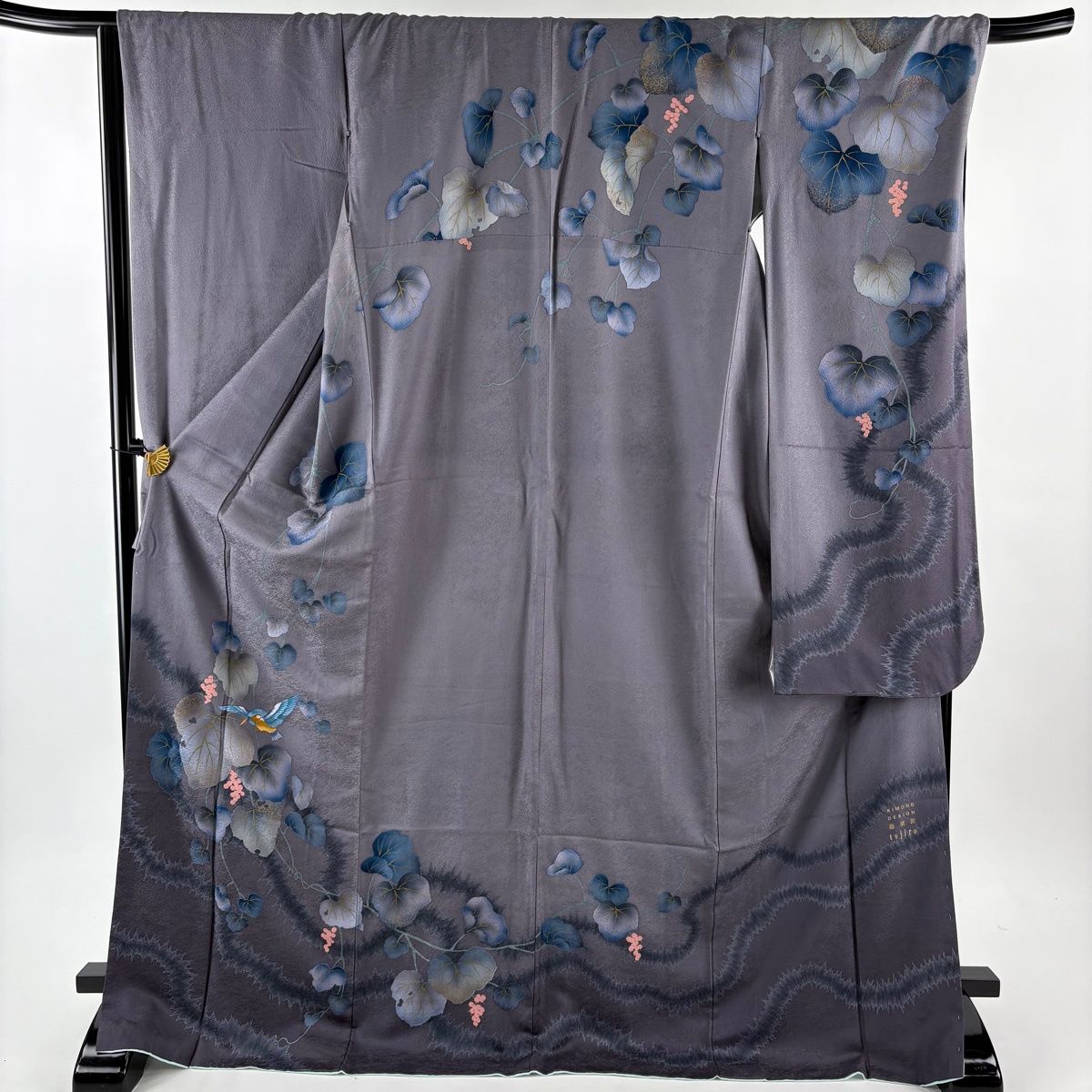 振袖 身丈174 cm 裄丈67 5 L 袷 藤紫朗 落款 鳥 葡萄 刺繍 金彩 灰紫 正絹 秀品