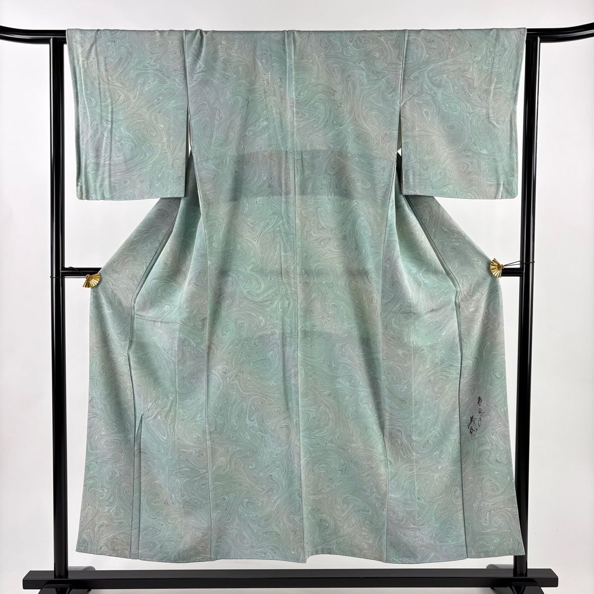 小紋 身丈153.5 cm 裄丈63.5 S 袷 落款 墨流し ぼかし 薄緑 正絹 秀品