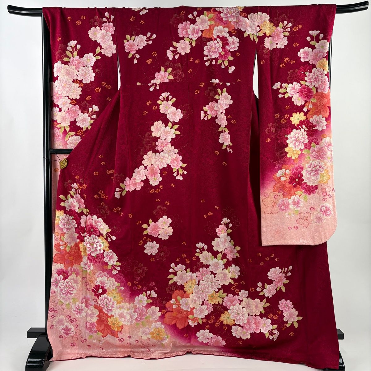 振袖 身丈174 cm 裄丈68 L 袷 桜 草花 刺繍 箔 赤紫 正絹 秀品