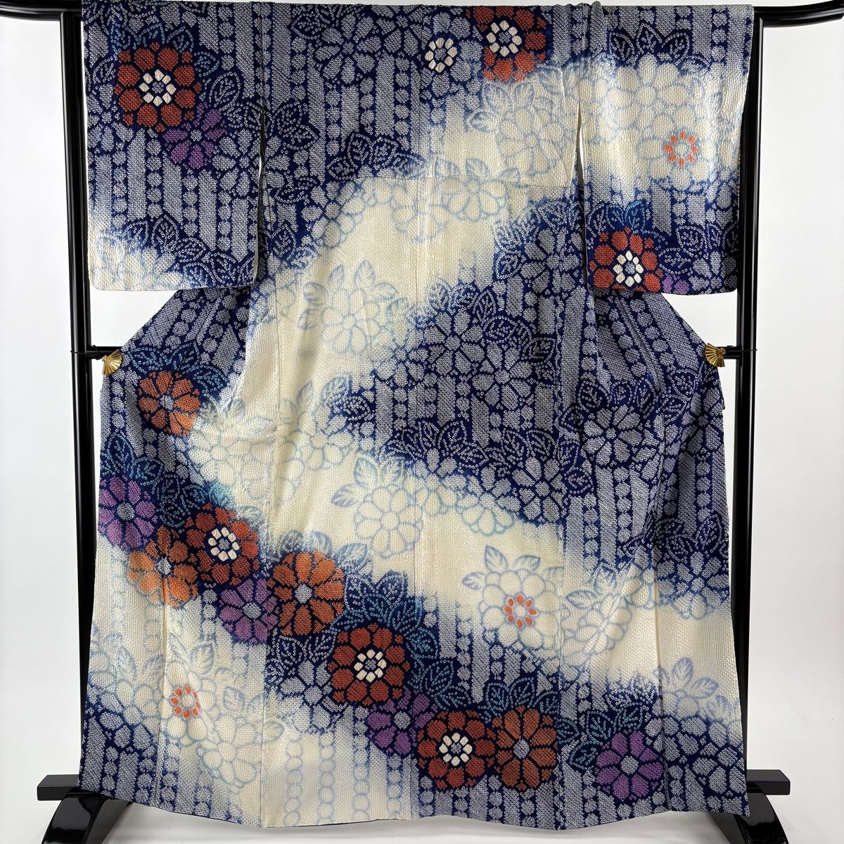 訪問着 身丈164cm 裄丈65.5cm M 袷 草花 総絞り ぼかし 紺色 正絹 秀品