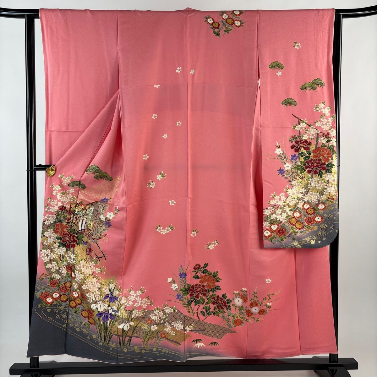 振袖 身丈158 cm 裄丈63 S 袷 御所車 草花 金糸 金彩 ピンク 正絹 秀品