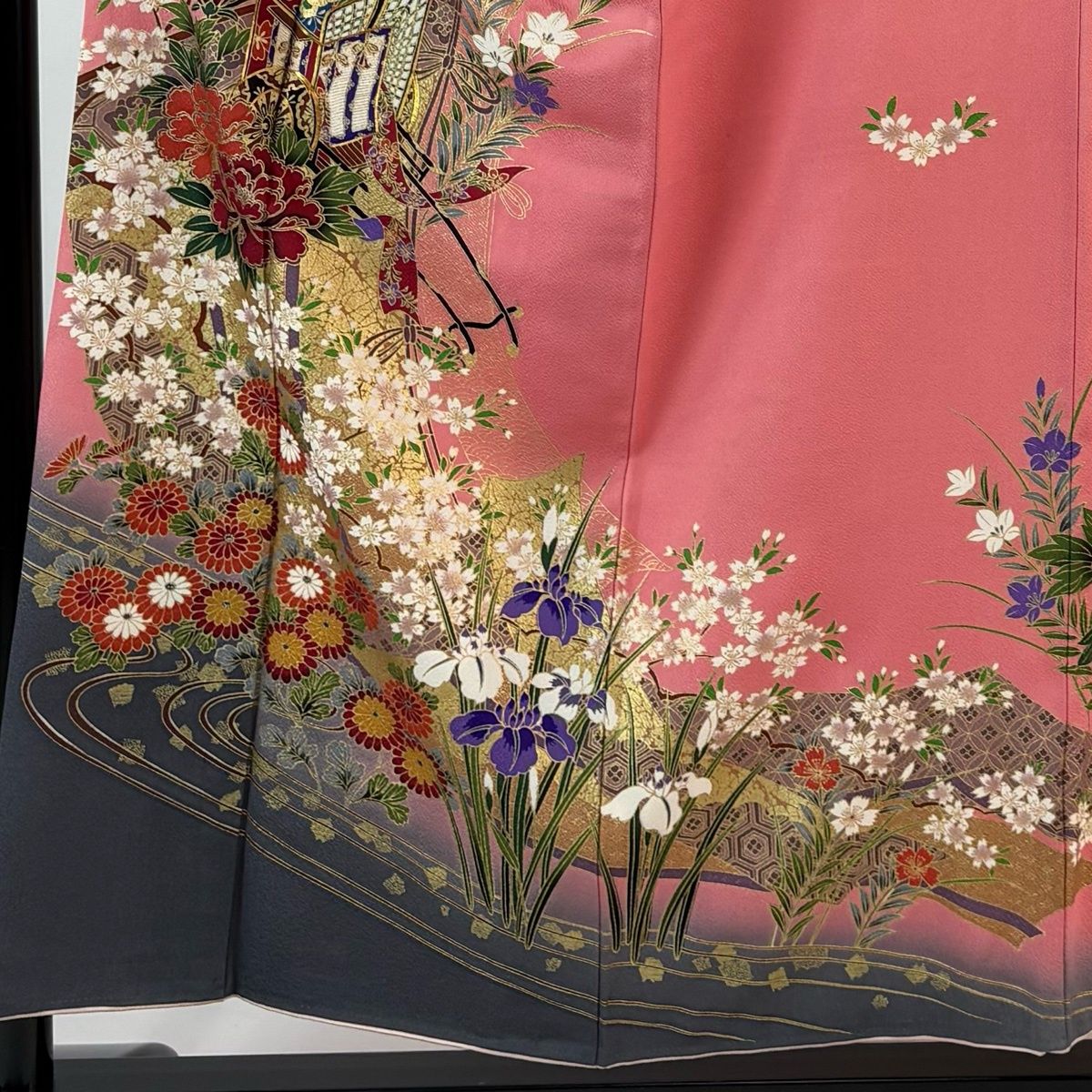 振袖 身丈158 cm 裄丈63 S 袷 御所車 草花 金糸 金彩 ピンク 正絹 秀品