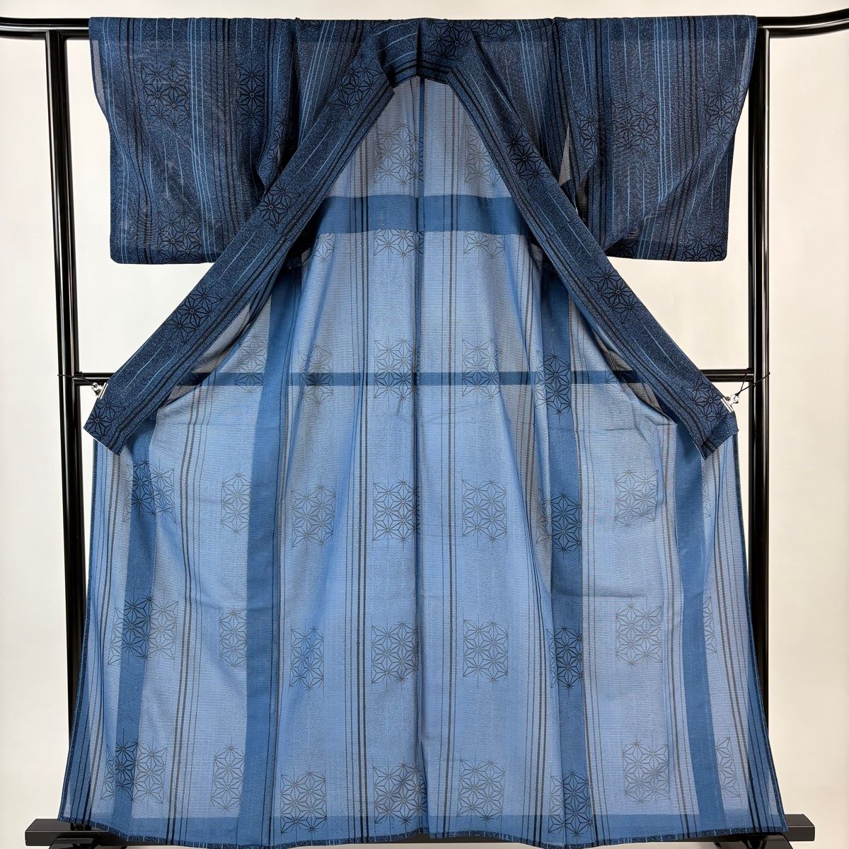  小紋 身丈160 cm 裄丈63 S 薄物 絽 麻の葉 縞 藍色 正絹 秀品 小紋 着物