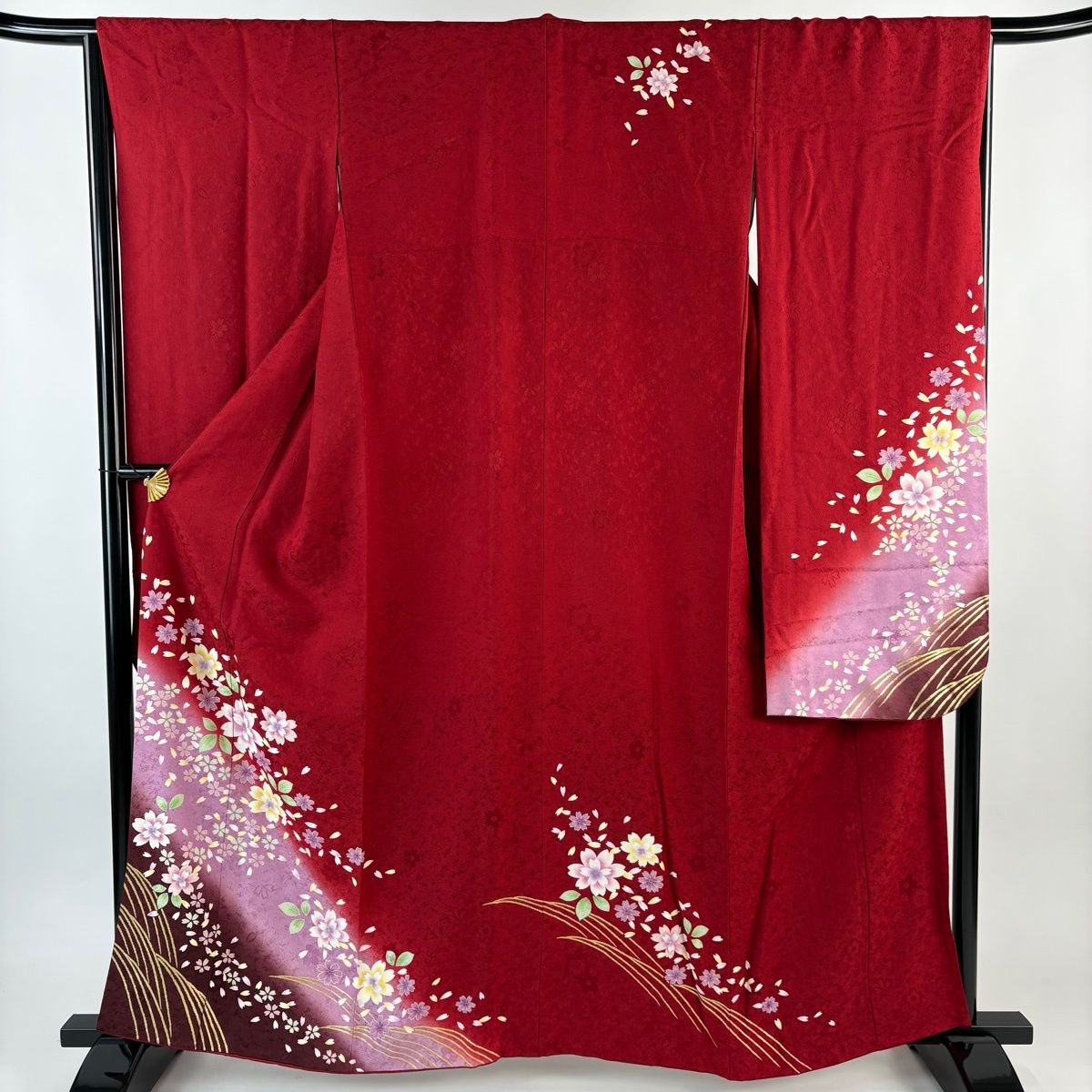 振袖 身丈159 cm 裄丈66.5 M 袷 桜 波 金彩 ぼかし 赤 正絹 秀品