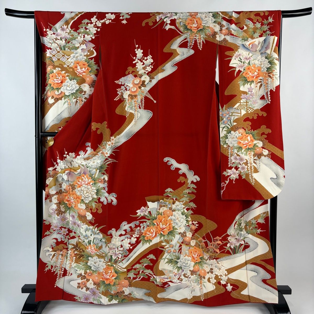 振袖 身丈165 cm 裄丈67 M 袷 鴛鴦 牡丹 金糸 金彩 赤 正絹 秀品
