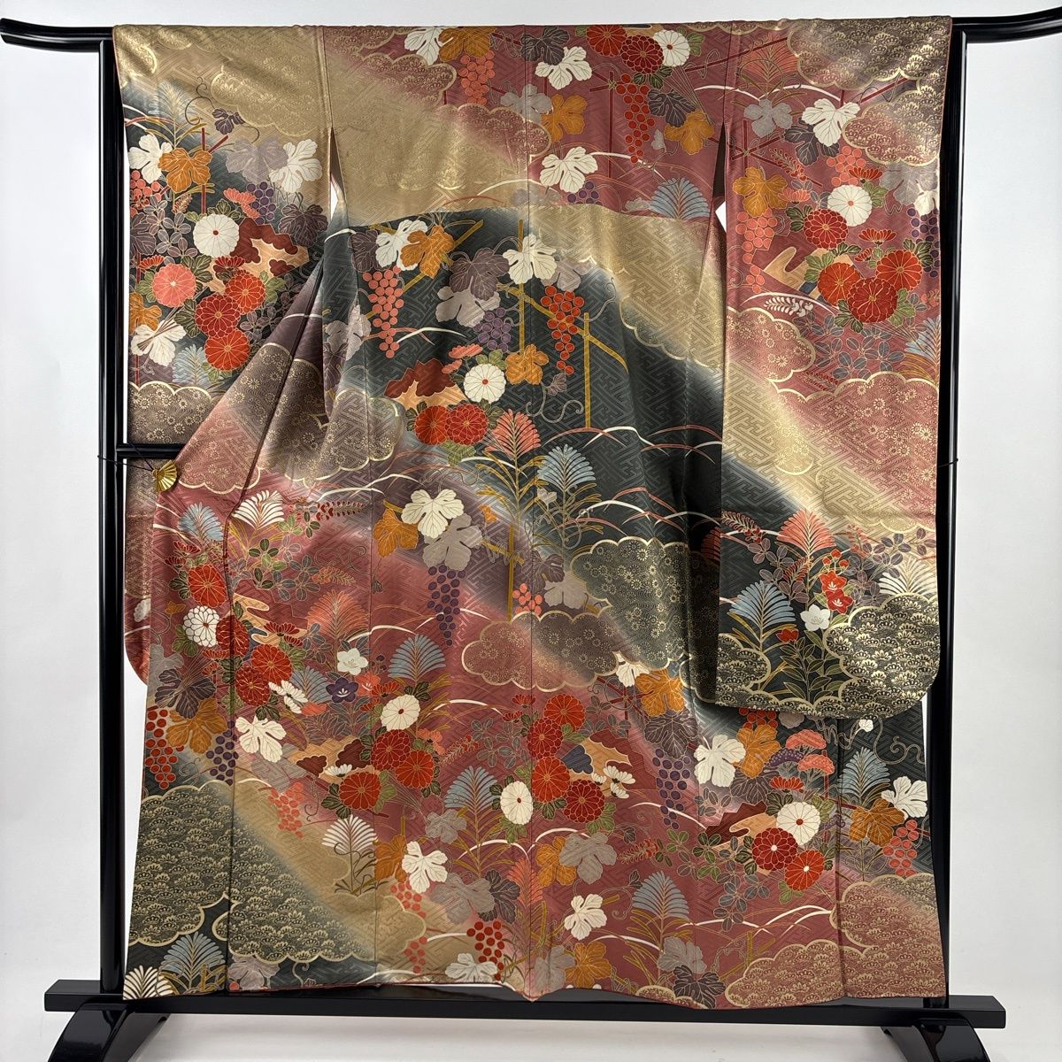 振袖 身丈158 cm 裄丈63 5 S 袷 菊 扇 金糸 金彩 紫 正絹 秀品
