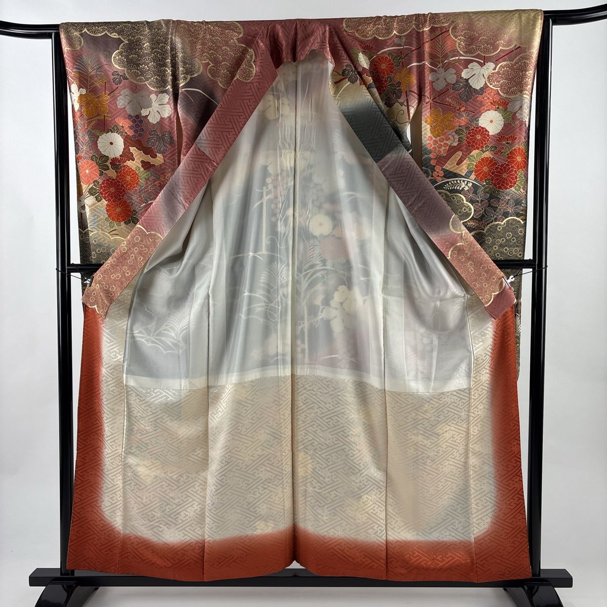  振袖 身丈158 cm 裄丈63 5 S 袷 菊 扇 金糸 金彩 紫 正絹 秀品 振袖 着物