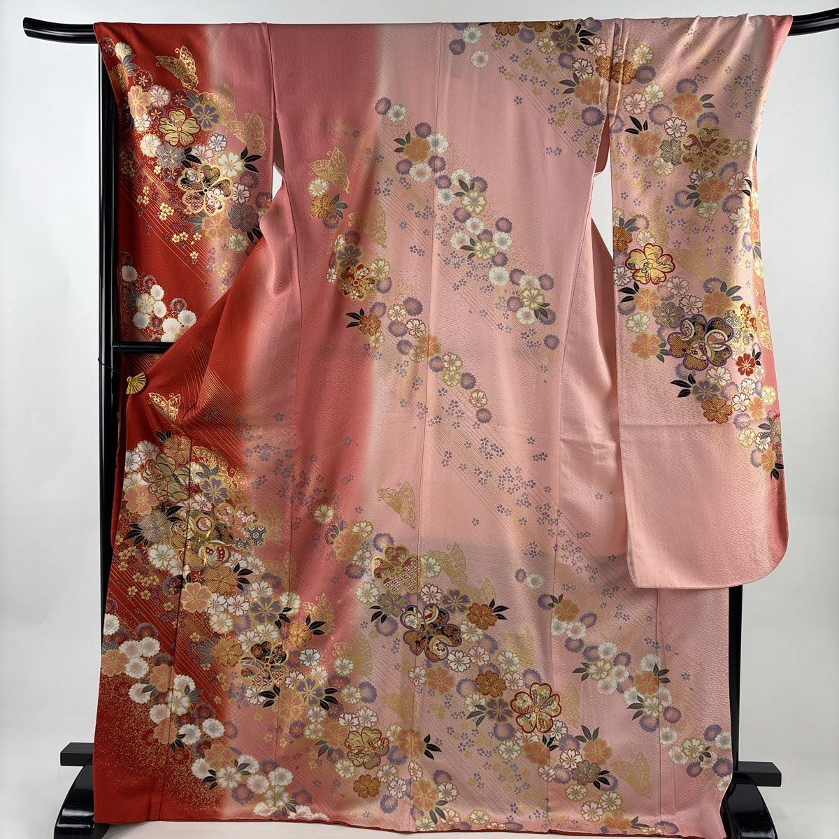 振袖 身丈172 cm 裄丈70.5 L 袷 桜 蝶 金糸 金彩 茜色 正絹 秀品