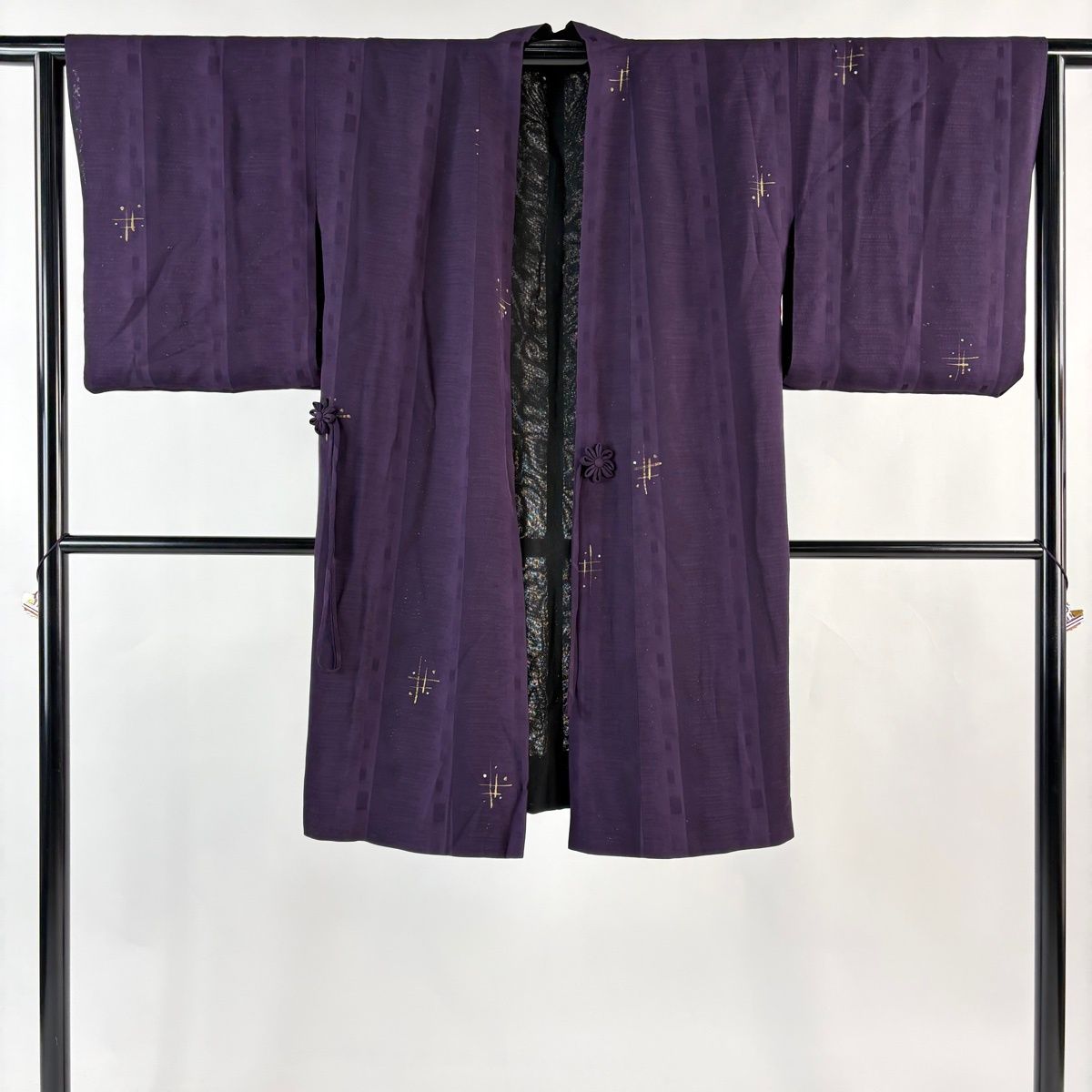  道中着 身丈100 5 cm 裄丈64 M リバーシブル 和装コート 井桁絣 幾何学 金彩 濃紫 正絹 秀品 羽織 着物 浴衣