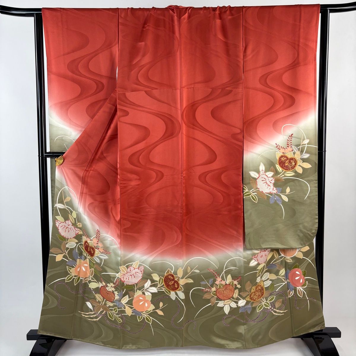 振袖 身丈161 5 cm 裄丈66 M 袷 橘 紐 金彩 ぼかし 朱色 正絹 秀品