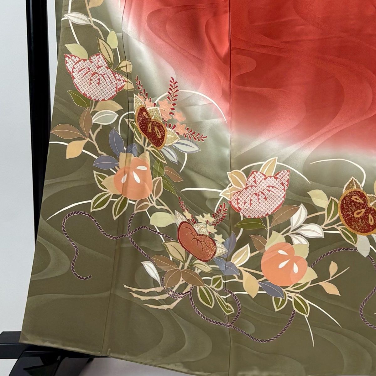 振袖 身丈161.5 cm 裄丈66 M 袷 橘 紐 金彩 ぼかし 朱色 正絹 秀品