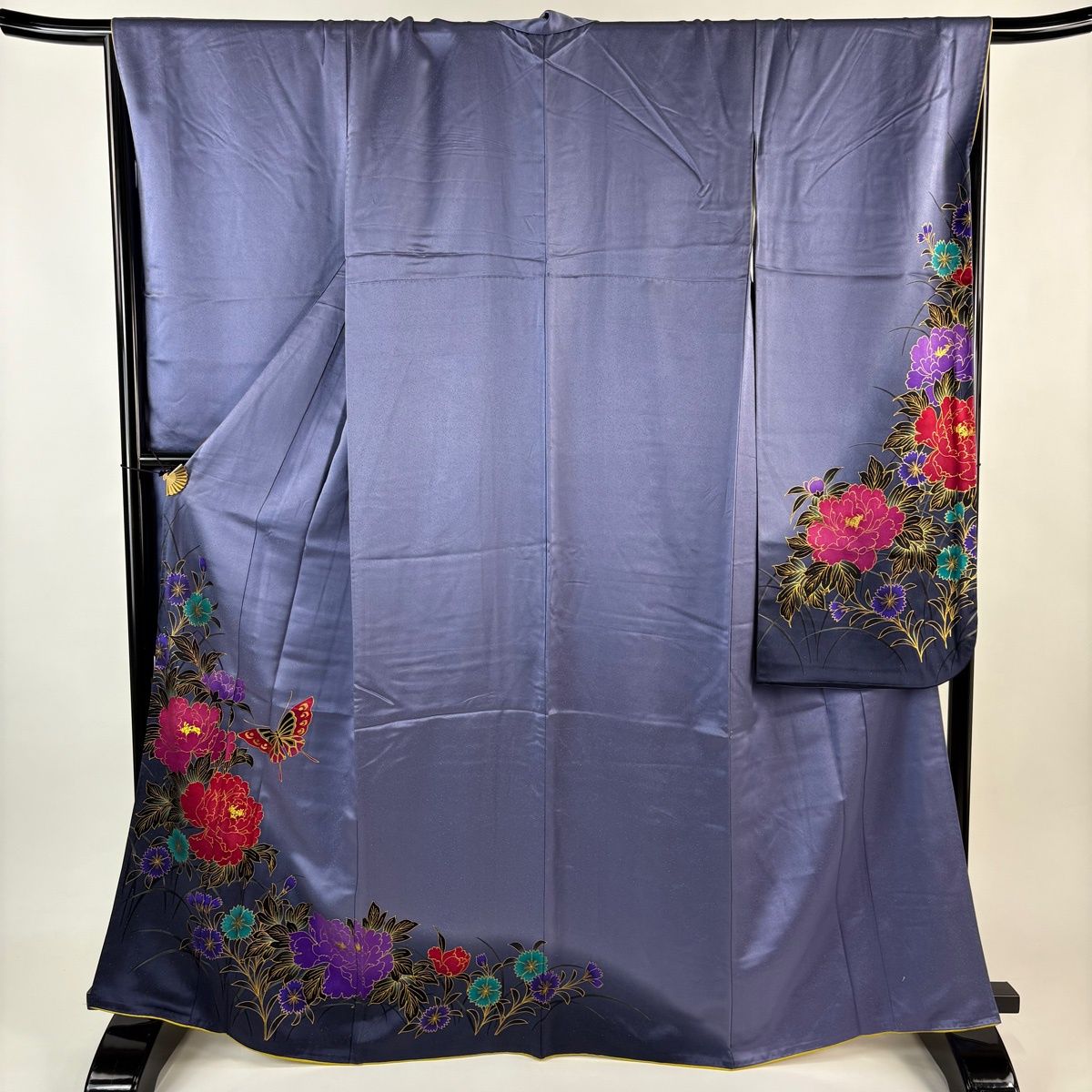 振袖 身丈164 cm 裄丈66.5 M 袷 蝶々 草花 金彩 金通し 紫 正絹 秀品