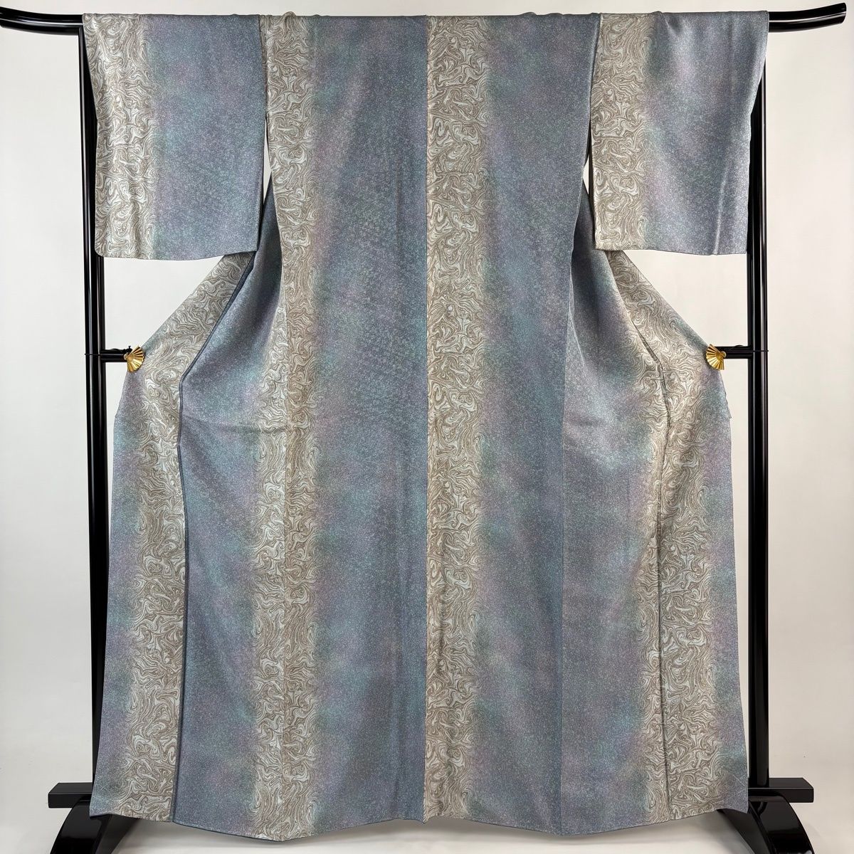 小紋 身丈163 5 cm 裄丈67 M 袷 墨流し ぼかし 青灰色 正絹 秀品