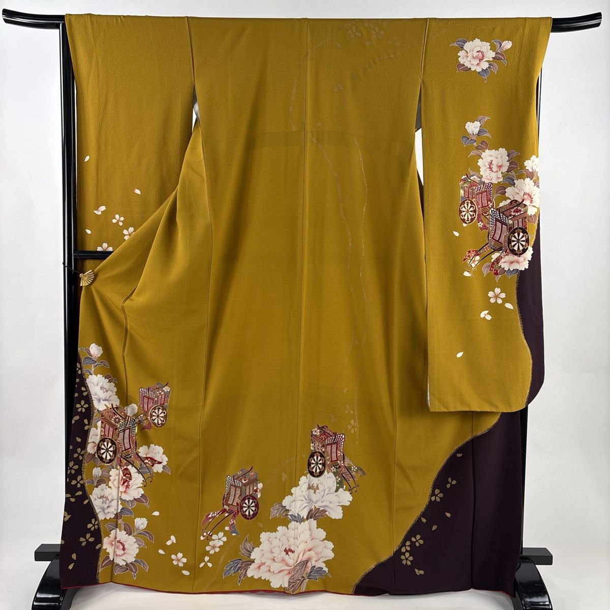 振袖 身丈168 5 cm 裄丈66 M 袷 御所車 牡丹 金糸 金彩 黄土色 正絹 秀品