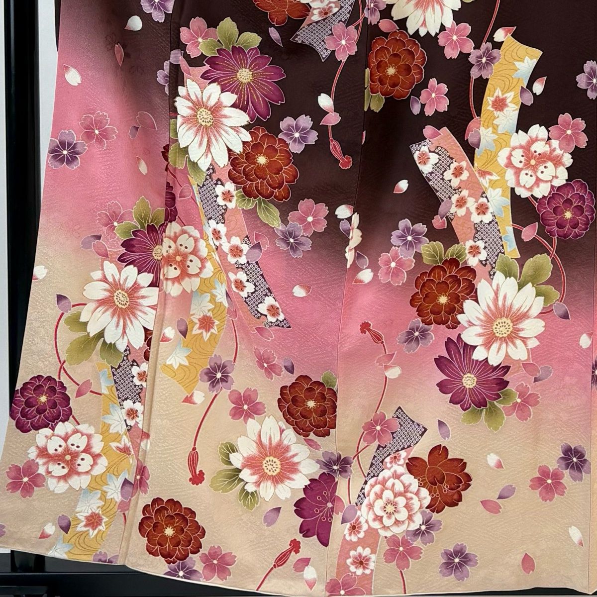 振袖 身丈158.5 cm 裄丈63.5 S 袷 短冊 草花 金彩 箔 茶紫 正絹 秀品