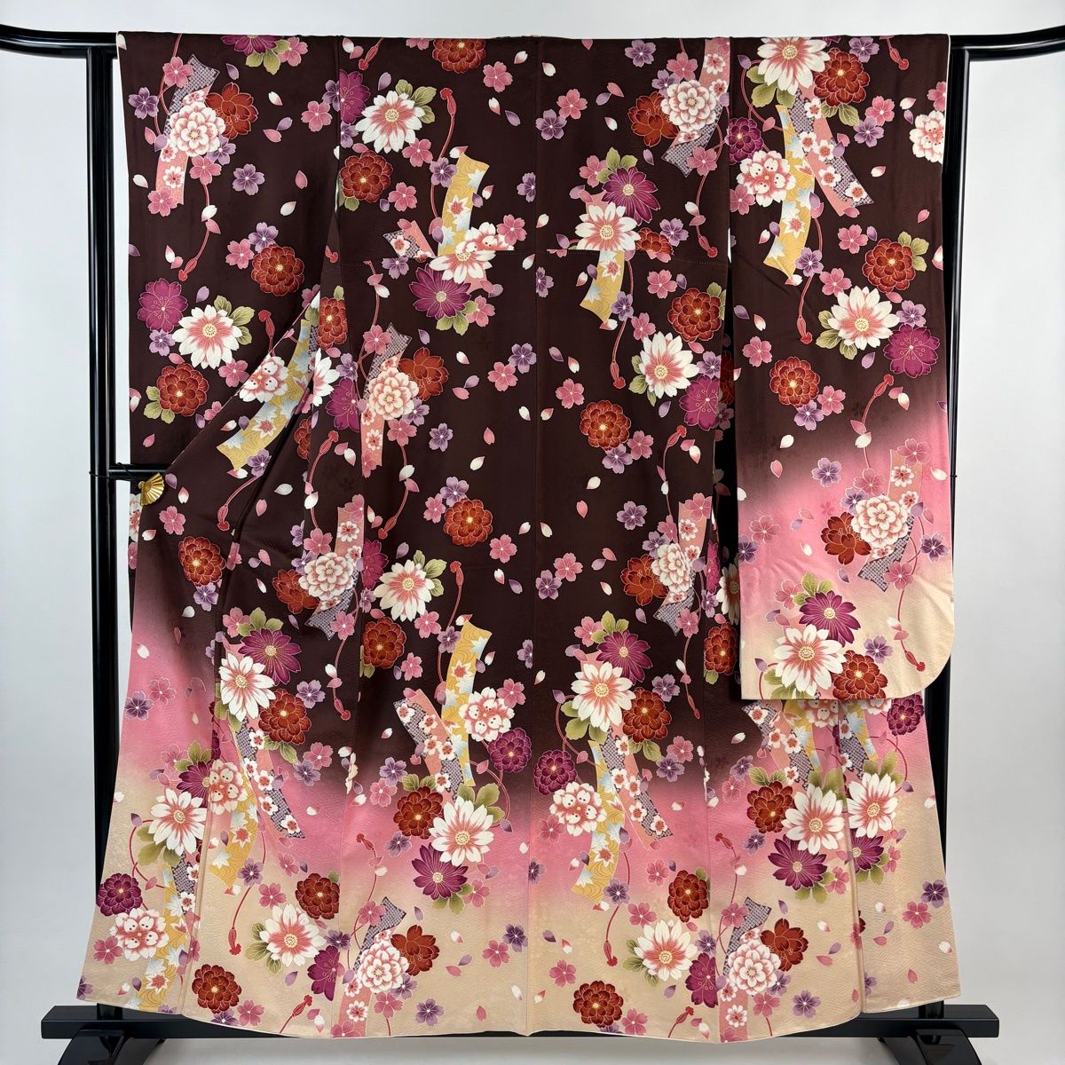 振袖 身丈158 5 cm 裄丈63 S 袷 短冊 草花 金彩 箔 茶紫 正絹 秀品