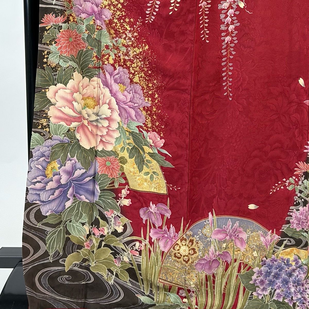 振袖 身丈170.5 cm 裄丈66.5 M 袷 牡丹 扇 金彩 赤 正絹 秀品