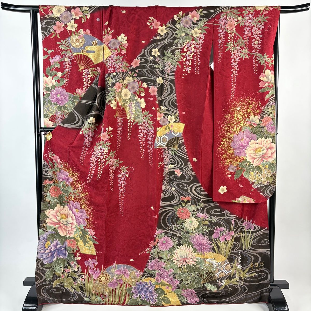 振袖 身丈170 5 cm 裄丈66 M 袷 牡丹 扇 金彩 赤 正絹 秀品