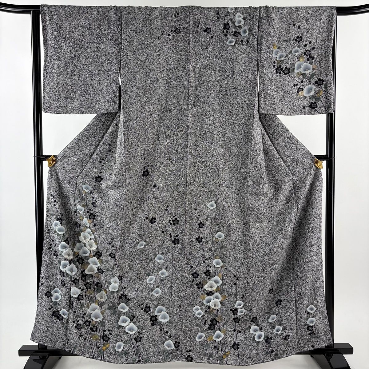 美品】 訪問着 身丈161.5cm 裄丈66cm M 袷 椿 枝梅 金彩 刺繍 黒灰