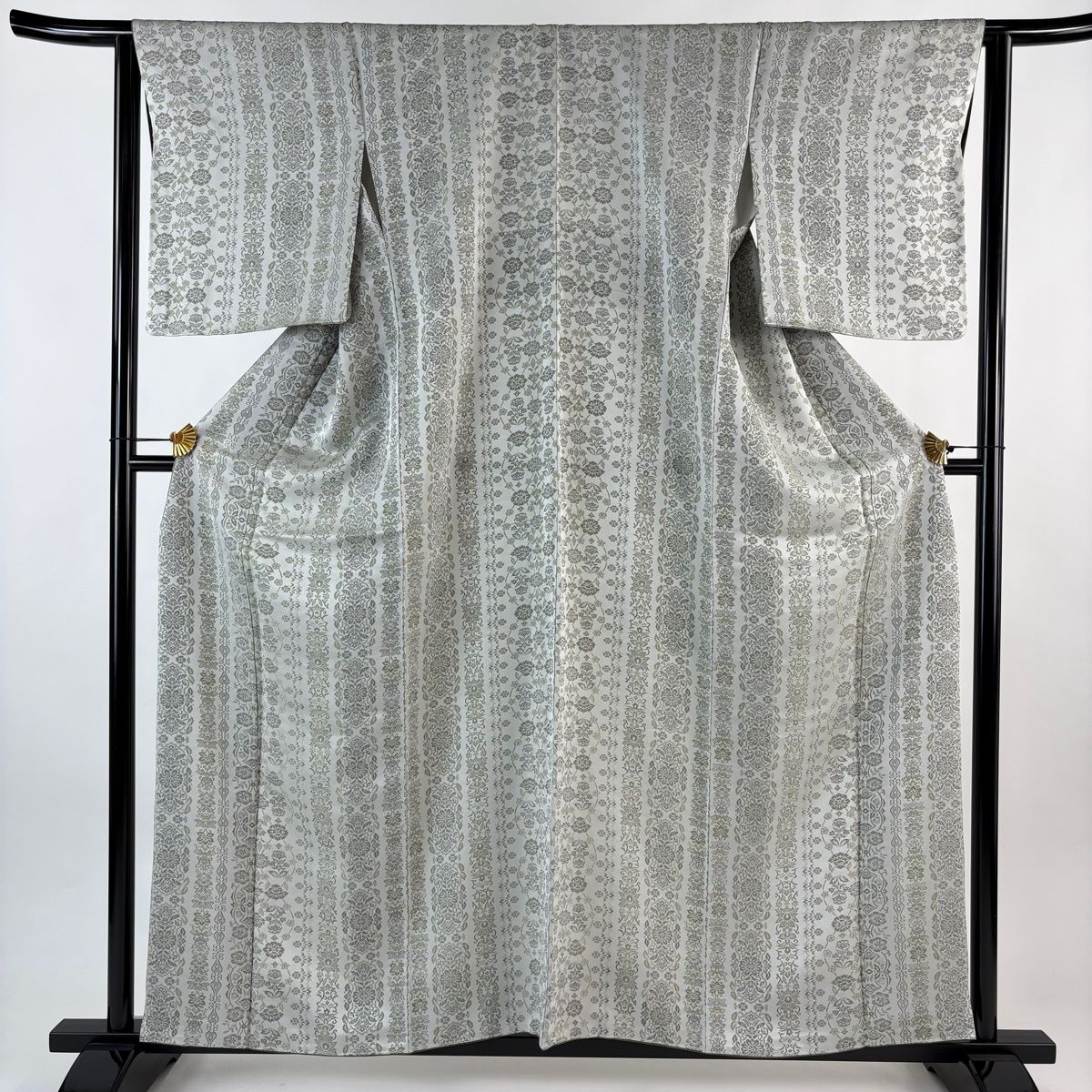 小紋 身丈160 cm 裄丈64 M 袷 草花 縞 灰色 正絹 秀品