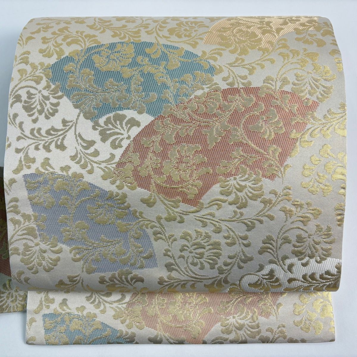 名古屋帯 名品 扇面 唐草 箔 ベージュ 正絹