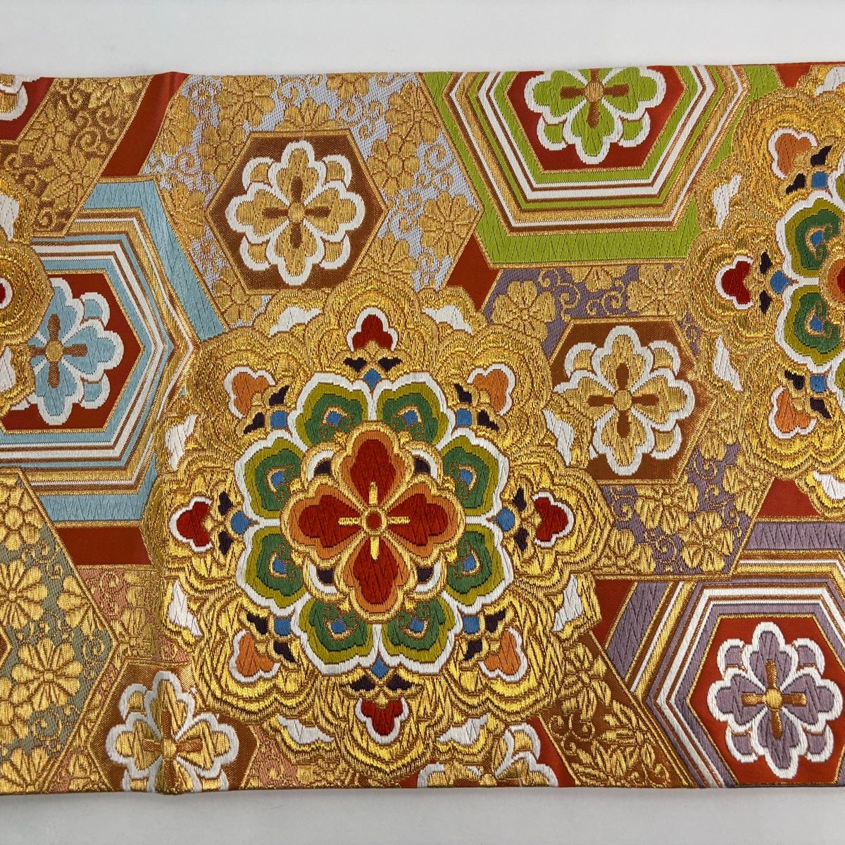 美品】 袋帯 名品 河合美術織物 落款 京西陣織 関西仕立て 華文 亀甲