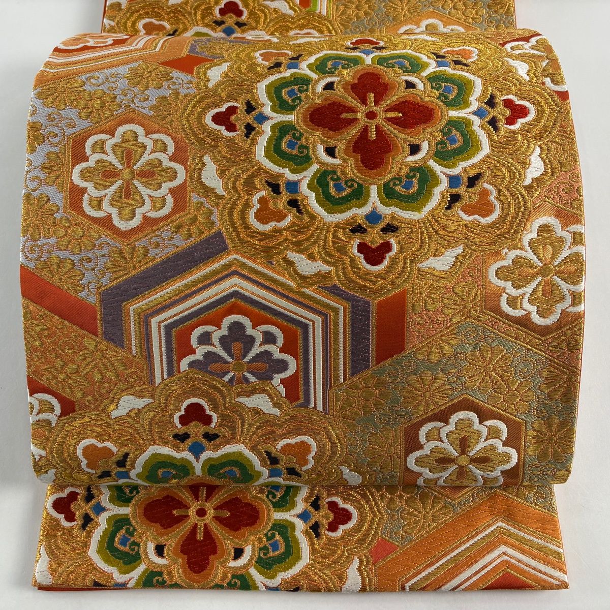 美品】 袋帯 名品 河合美術織物 落款 京西陣織 関西仕立て 華文 亀甲