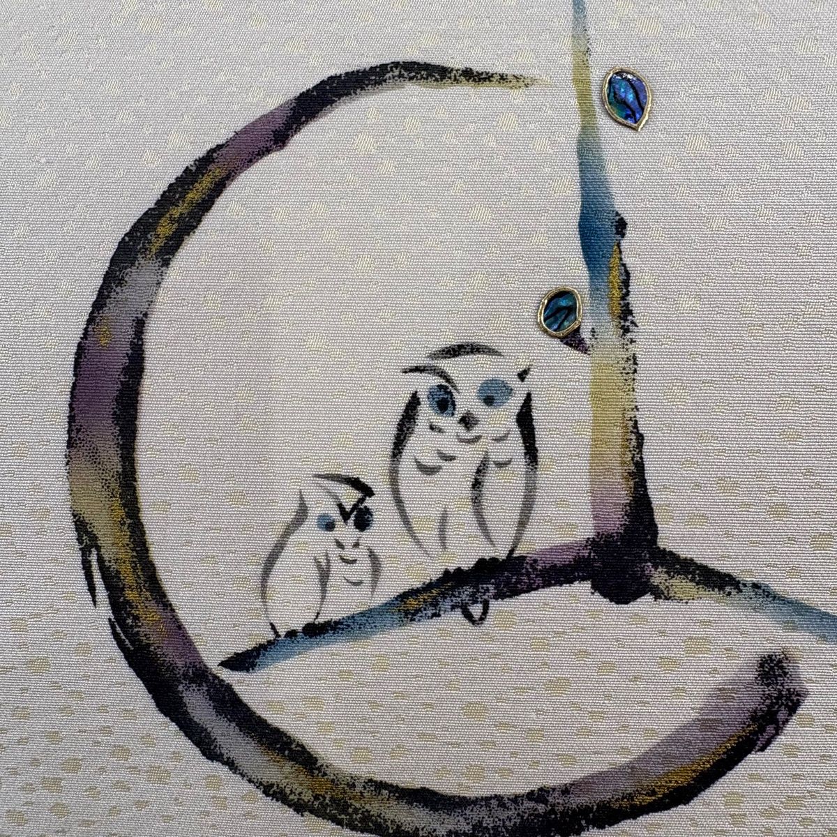 名古屋帯 ふくろう 枝葉 金彩 螺鈿 ベージュ 正絹