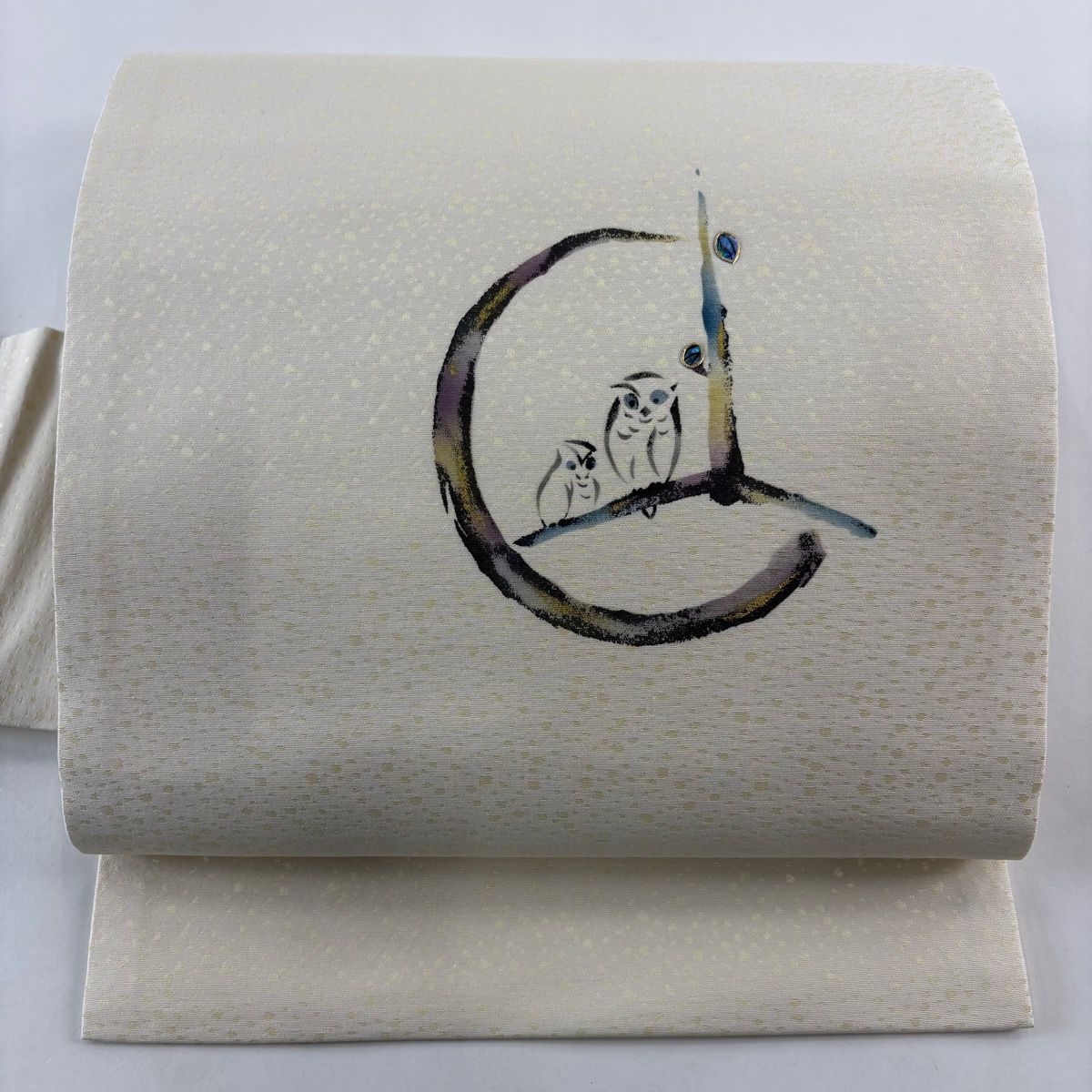 名古屋帯 ふくろう 枝葉 金彩 螺鈿 ベージュ 正絹