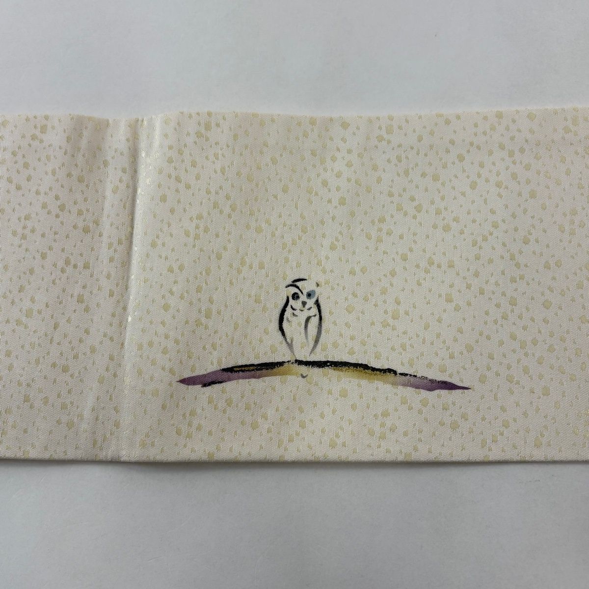  名古屋帯 名品 ふくろう 枝葉 金彩 螺鈿 ベージュ 正絹 名古屋帯 帯