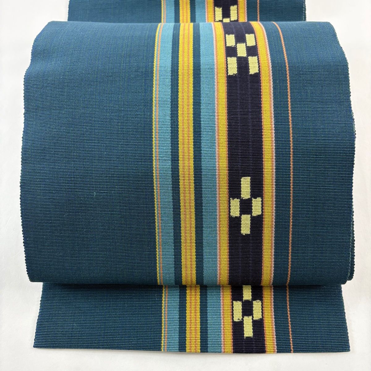 名古屋帯 証紙 八重山みんさ 松葉仕立て 八寸名古屋帯 トンネル仕立て 縞 幾何学模様 青緑 正絹