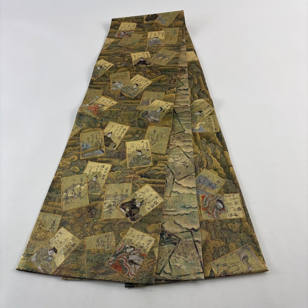 美品】 袋帯 名品 両面全通総絵図 光琳かるた 二十四金プラチナ二重箔