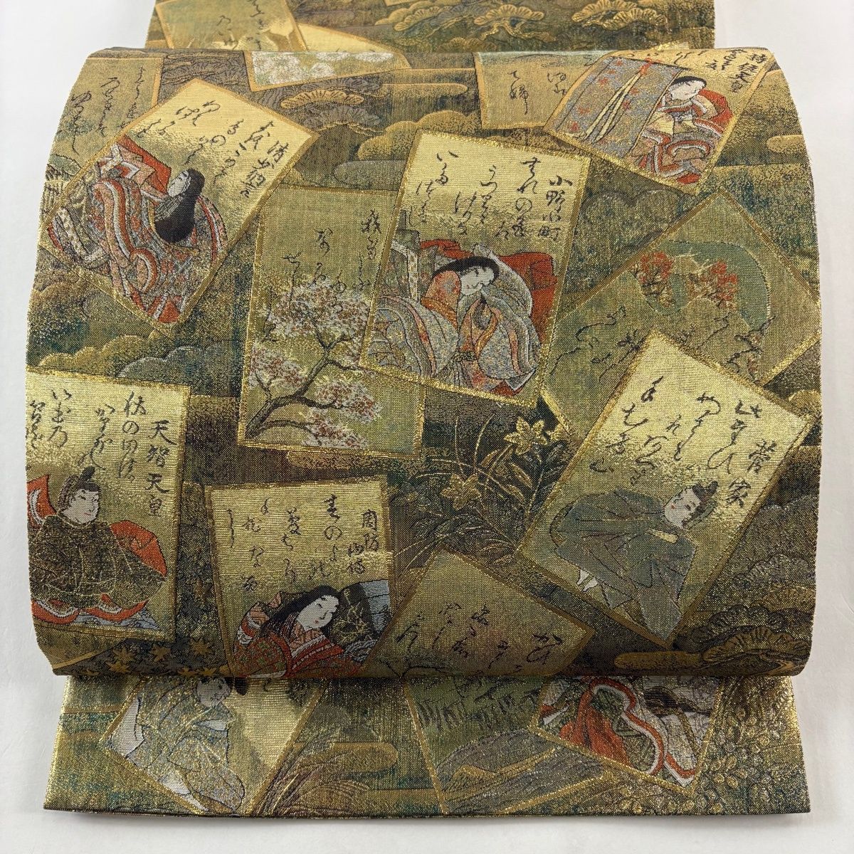 美品】 袋帯 名品 両面全通総絵図 光琳かるた 二十四金プラチナ二重箔
