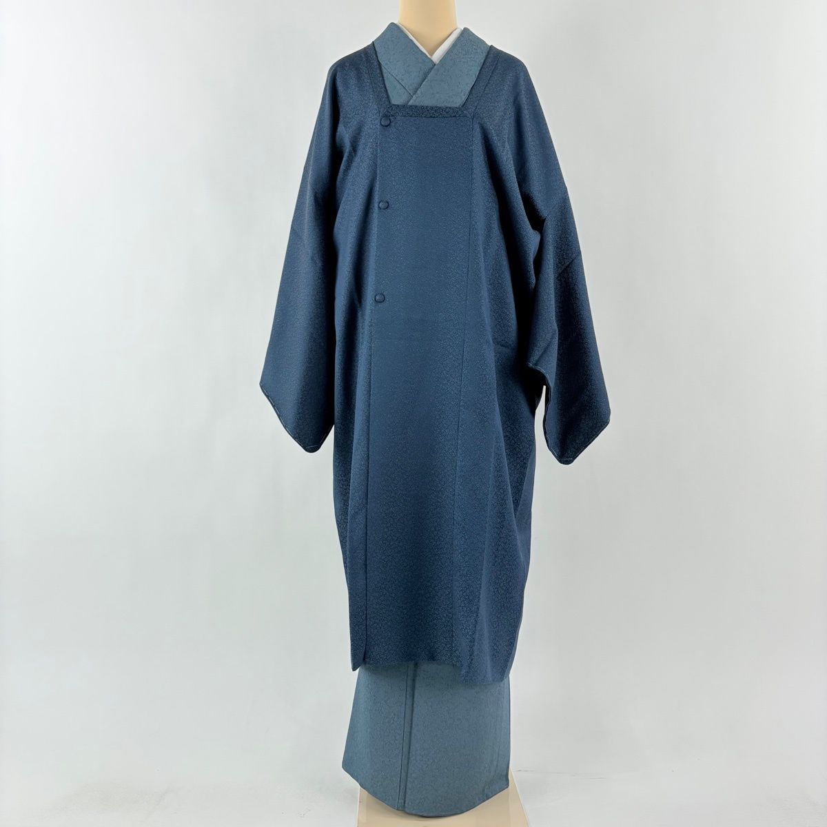 道行 身丈118 cm 裄丈70 L 和装コート 角衿 幾何学模様 藍色 正絹 名品