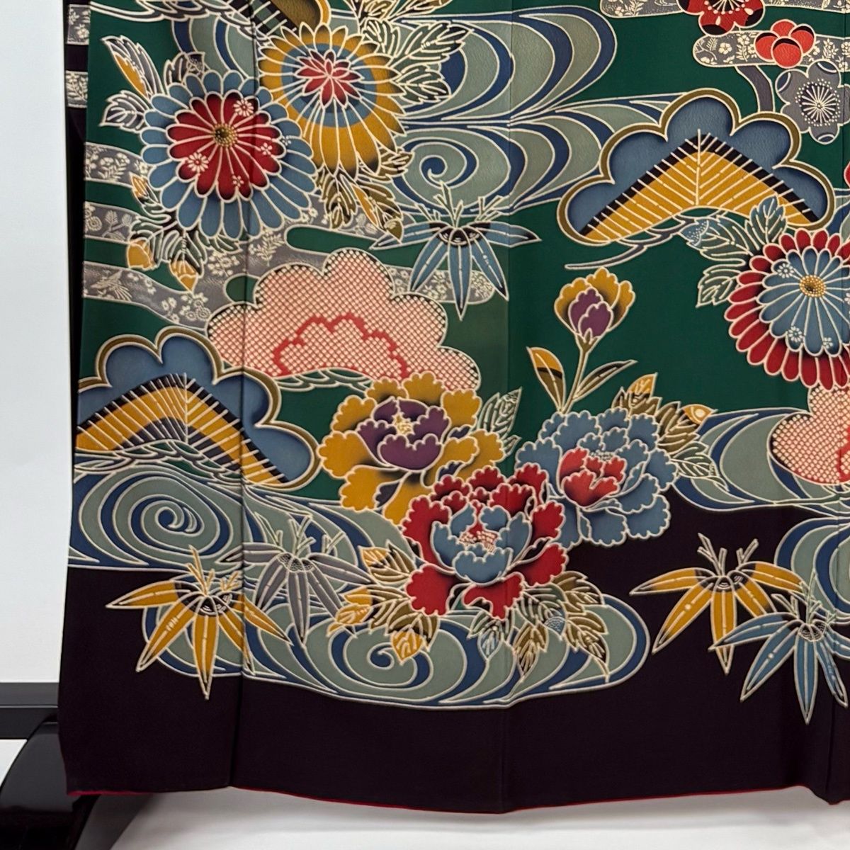 振袖 身丈166.5 cm 裄丈69.5 L 袷 菊 松竹梅 染め分け 深緑 正絹 名品