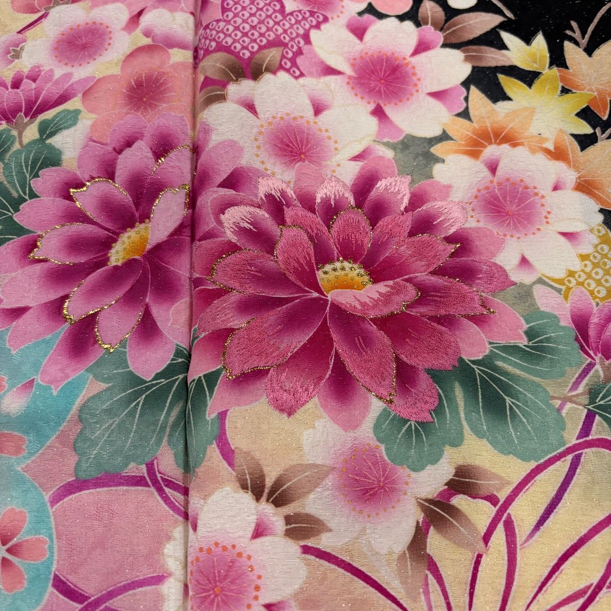  振袖 身丈169 cm 裄丈69 L 袷 草花 桜 銀通し 刺繍 黒 正絹 名品 振袖 着物